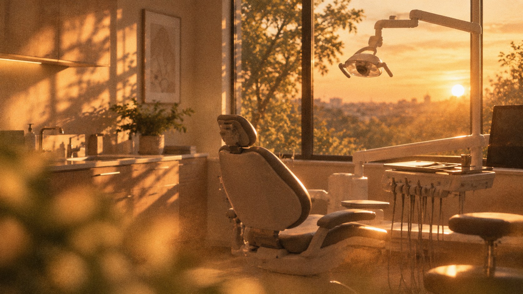 An empty dental chair and overhead light in a quiet operatory, with the sun setting over trees outside a wide window.